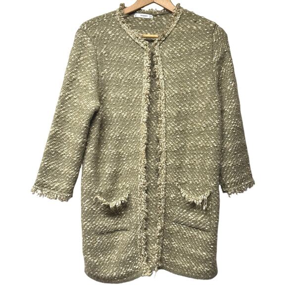 Mango Size 6 Medium Cardigan Long Sage Green Boucle Tweed Fringe Trim Soft - Picture 1 of 6